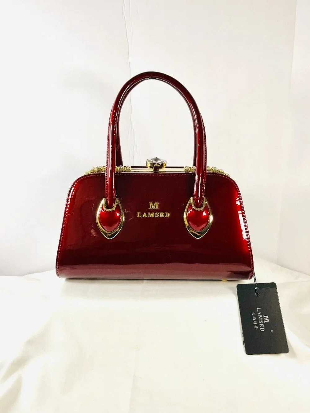 NWT/M-Lamsed Red Patent Gold Chain Bag – Glam Faux Diamond Clasp Purse